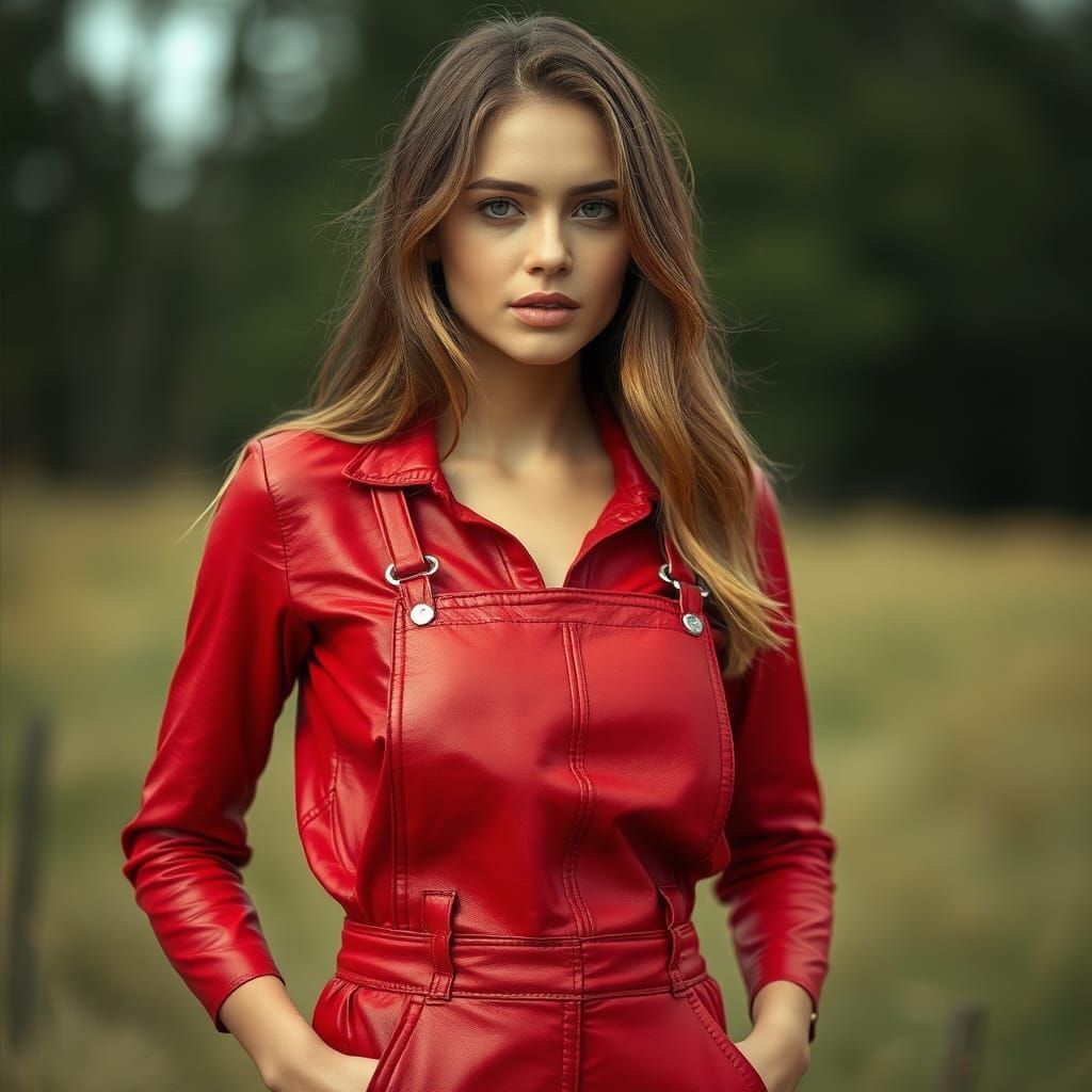 Woman in Red Leather Overall Outdoor Fashion