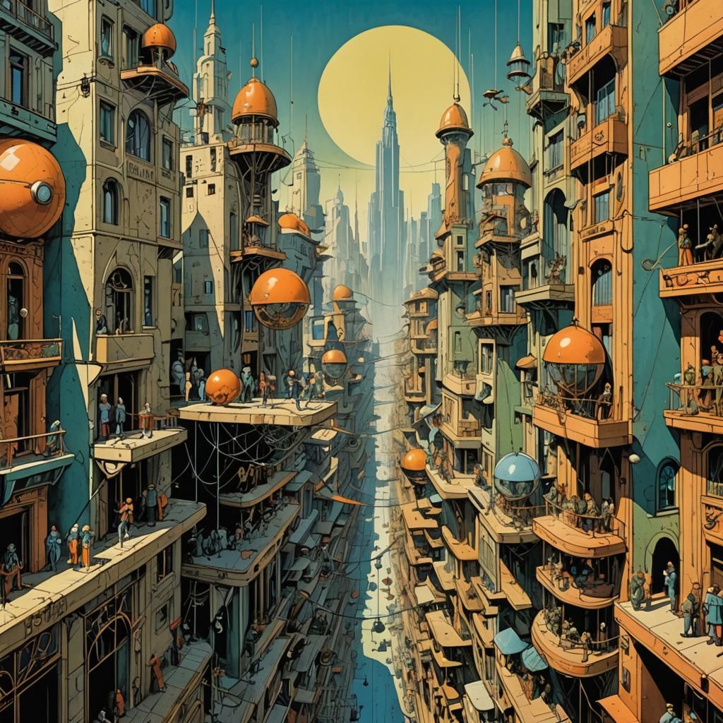 Surreal Art-Deco City of Marionettes in Moebius Style