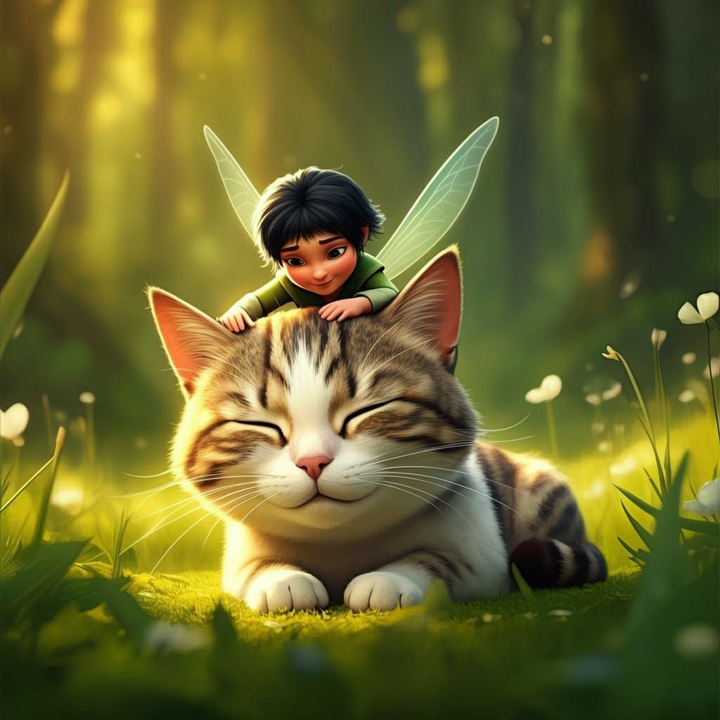 Sprite and Tabby Cat in Sunlit Meadow