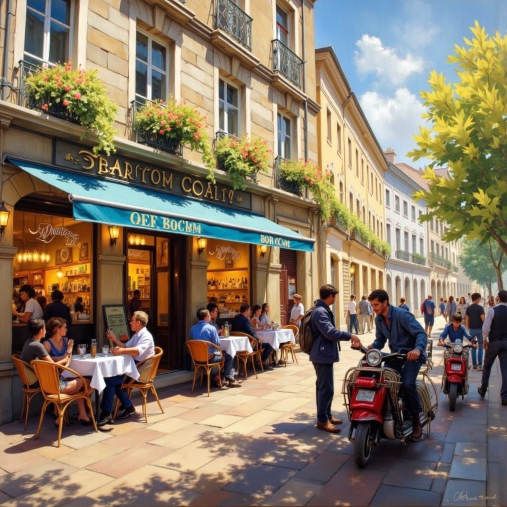French Cafe Scene in Impressionist Style