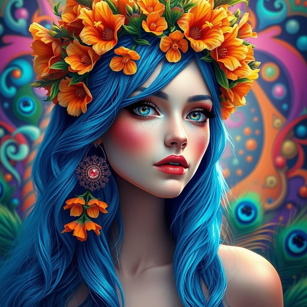 Fantasy Woman with Flowers and Peacock Feathers