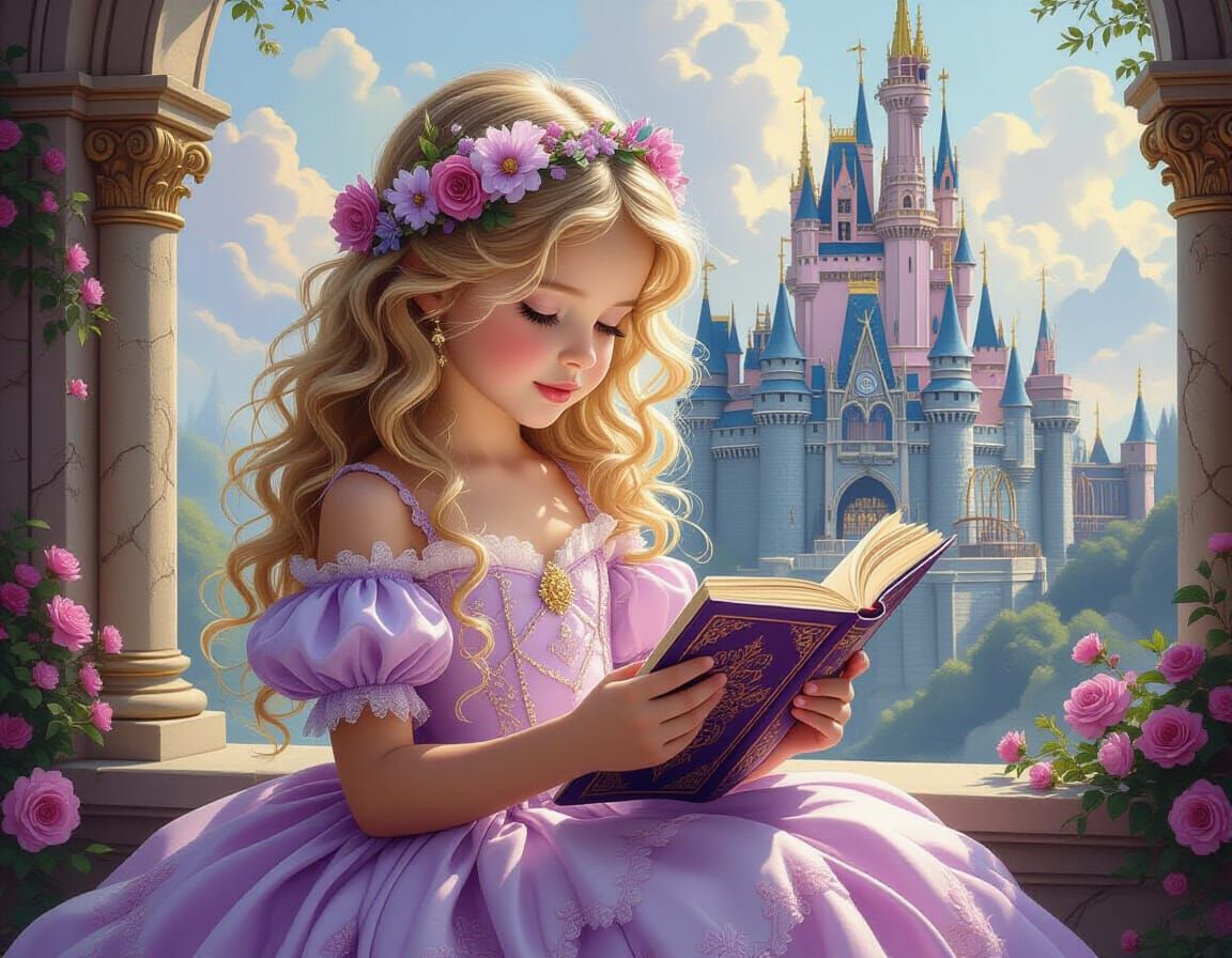 Girl Reading Fairytale Book in Mystical Castle