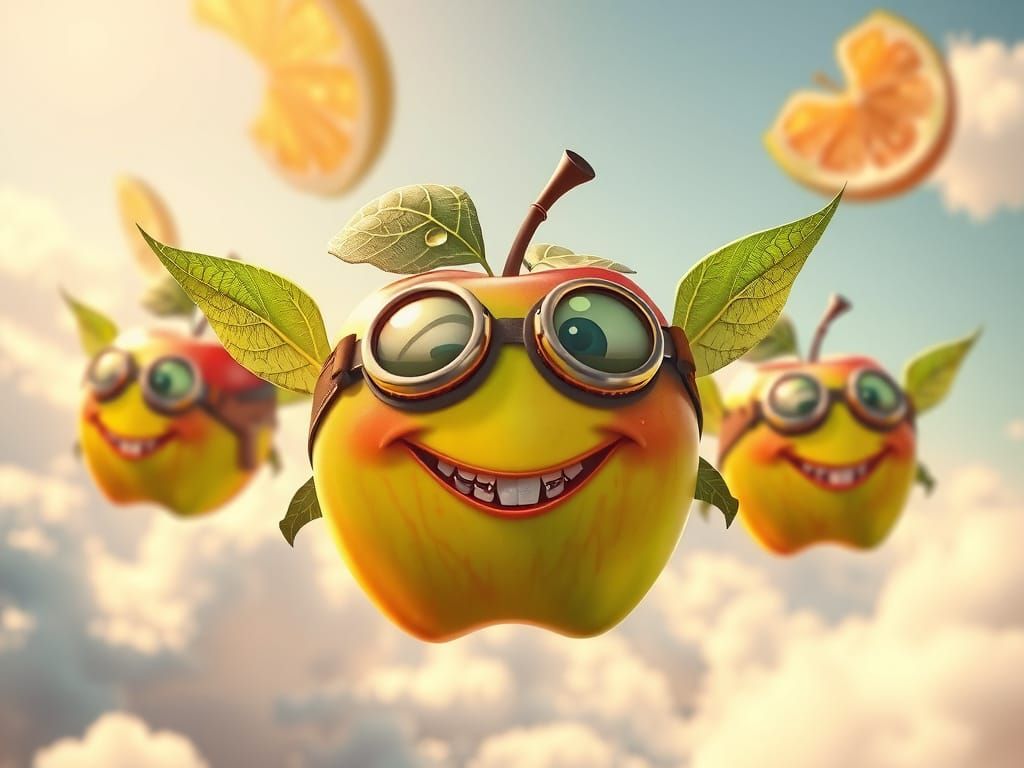 Whimsical Apples Soar Through Pastel Skies in Vibrant Cartoo...