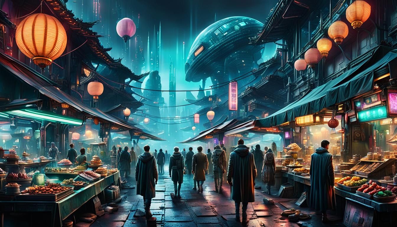 Cyberpunk Night Market in Alien Ruins