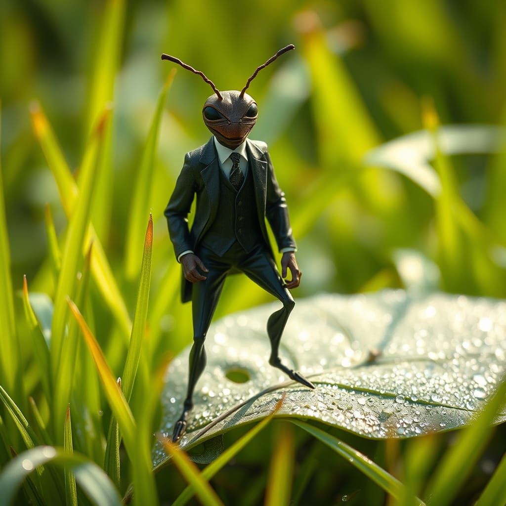 Ant in Tailored Suit on Dewy Leaf