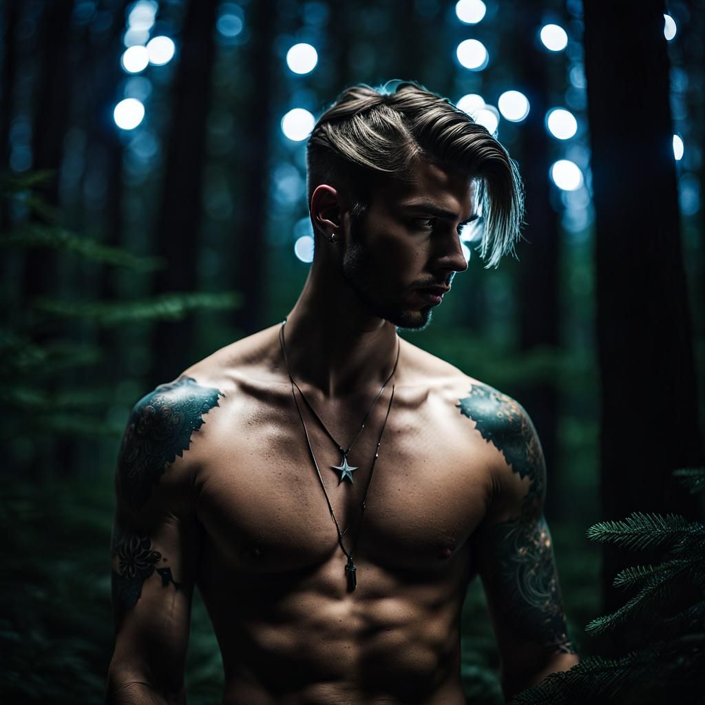 Gothic Young Man in Forest of Lights