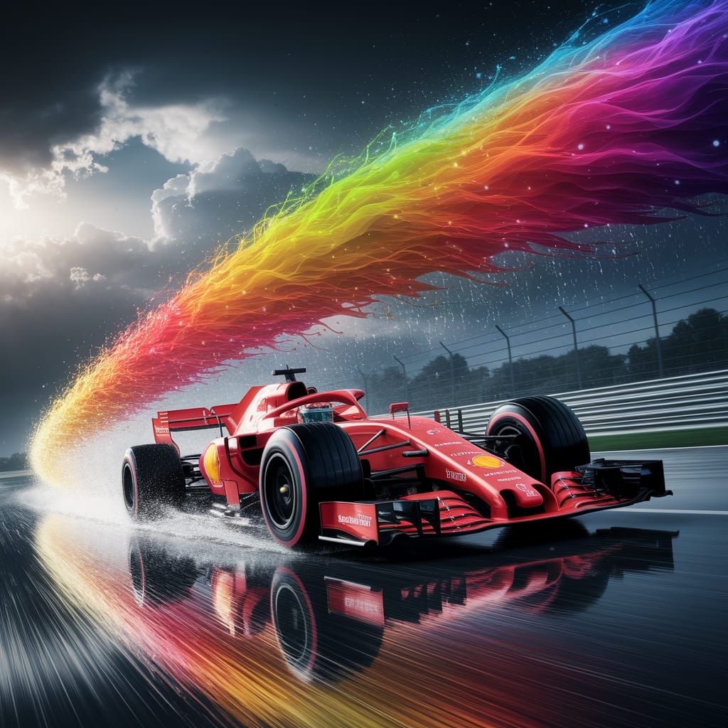 Red Formula 1 Car Speeds on Wet Track