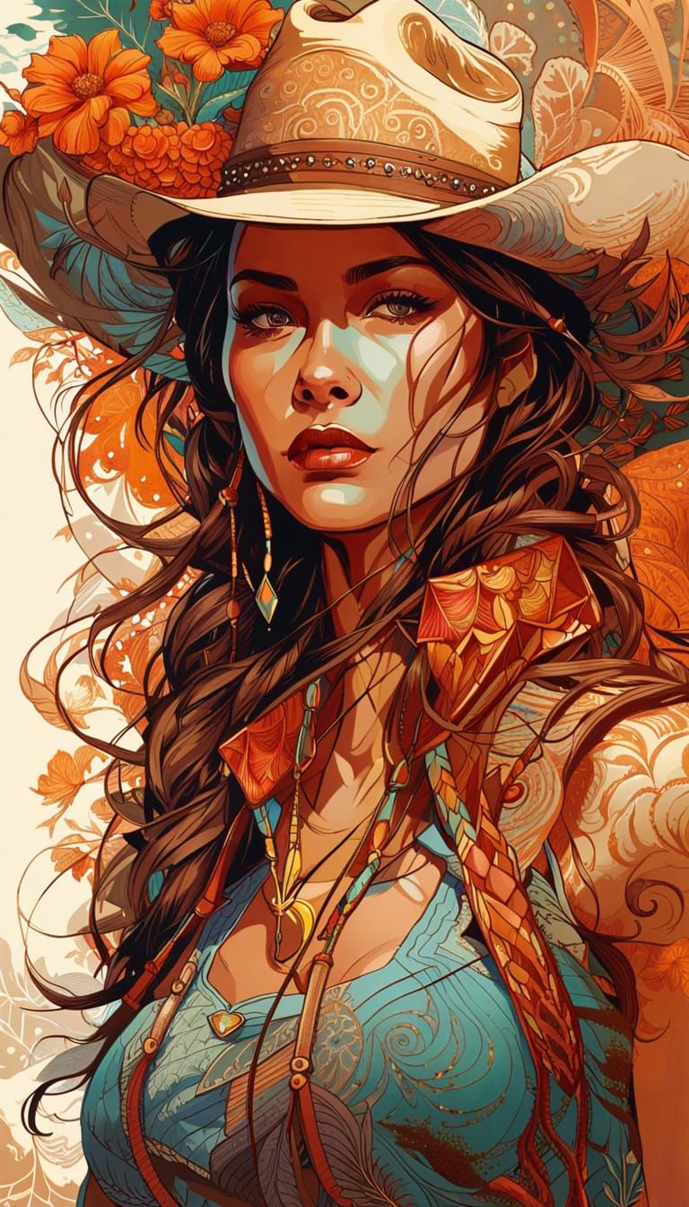 Muscular Cowgirl: Detailed Digital Painting with Shiny Aura