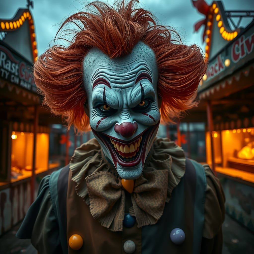 Gothic Whimsy Killer Clown in Dark Carnival Setting