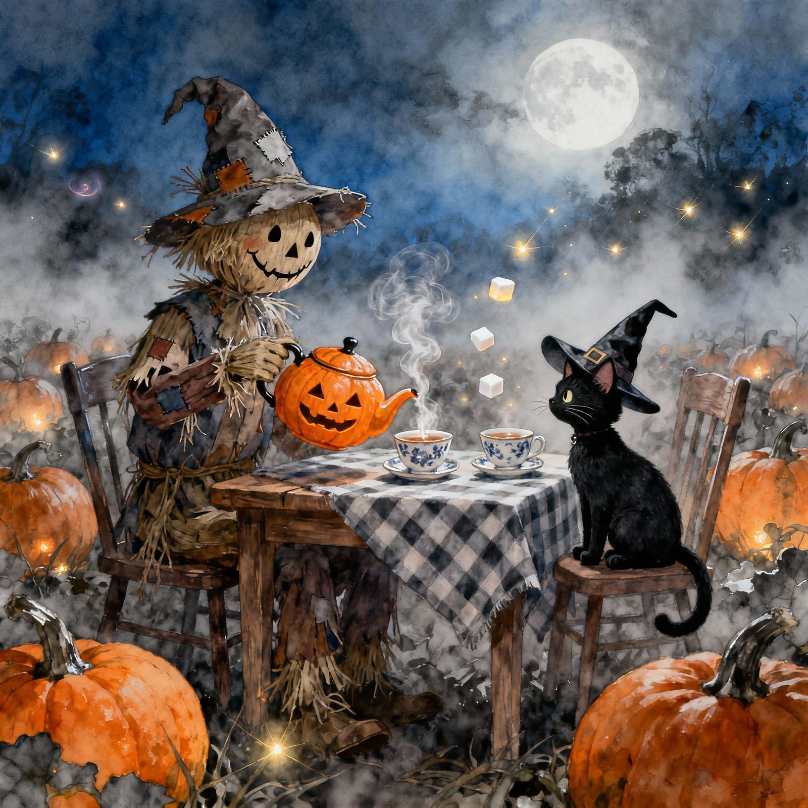 Whimsical Scarecrow and Cat on Fairytale Halloween Night