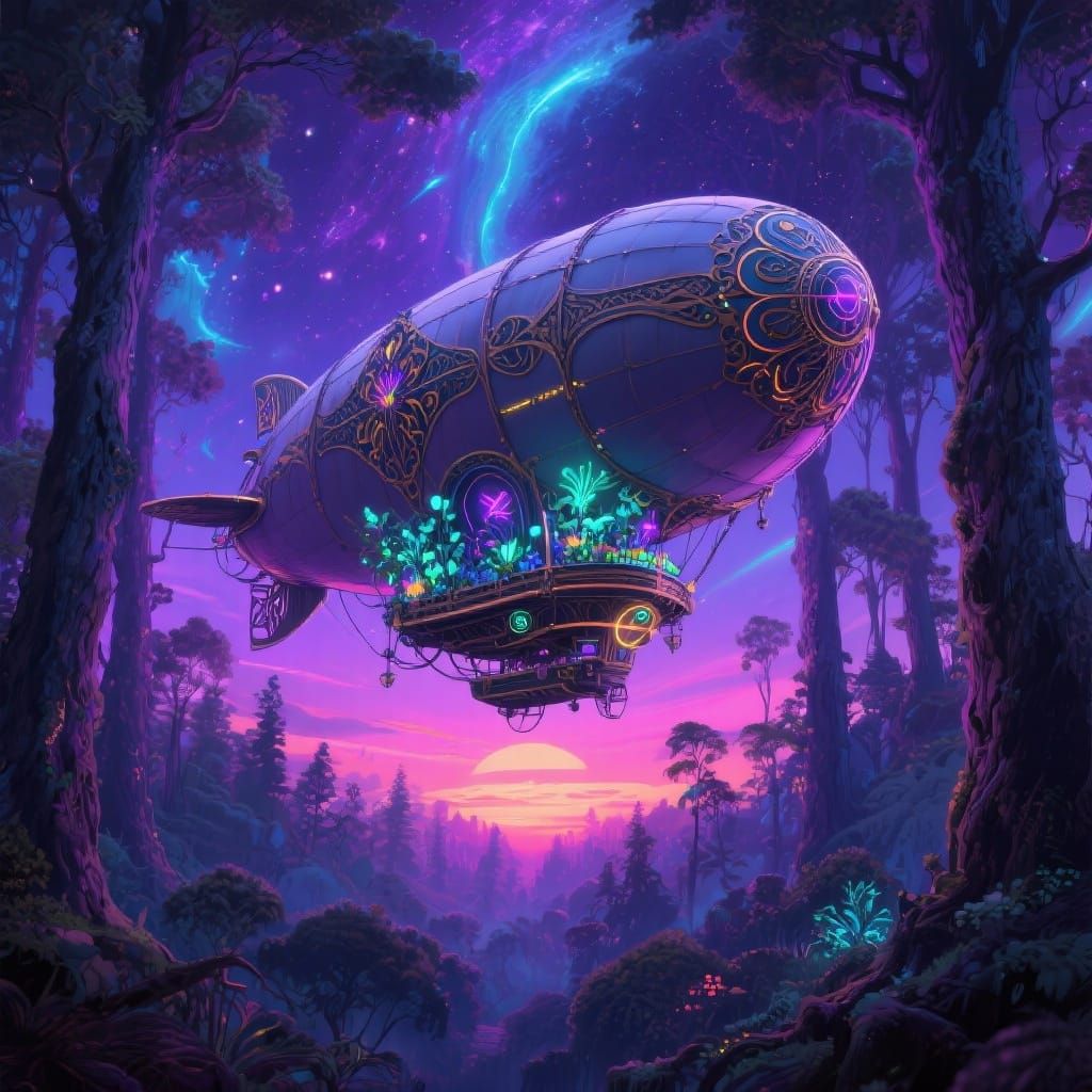 Art Nouveau Dirigible Over Mystical Forest at Cosmic Sunset