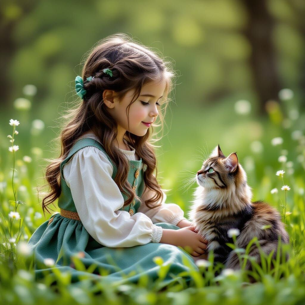 Medieval Girl in Sunlit Glade, Fantasy Art Nouveau