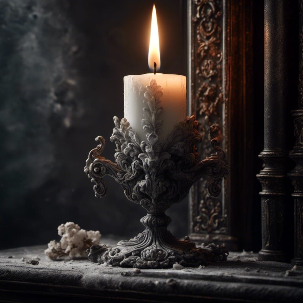 Hyperrealistic Chalk Candle on Antique Shelf