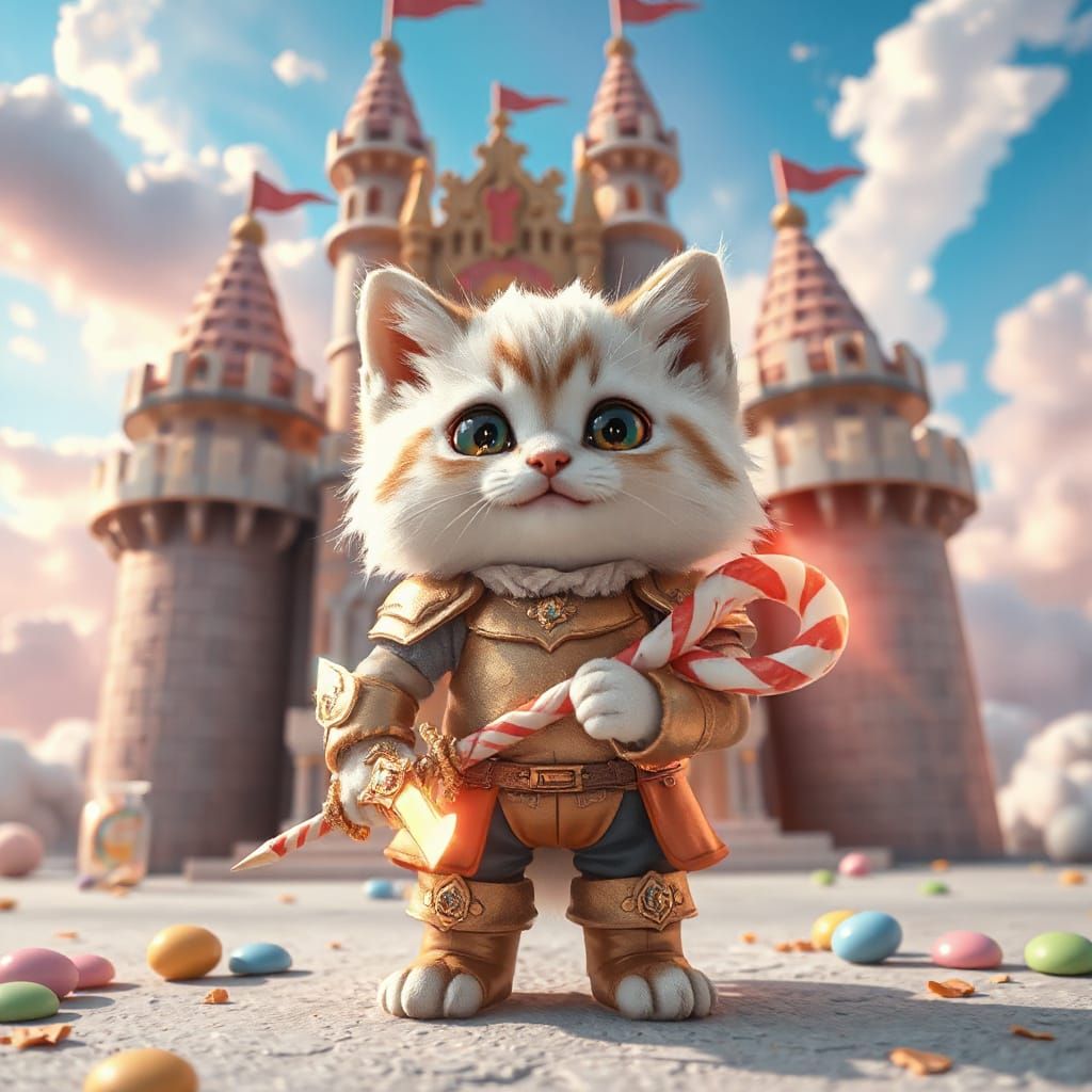 Kitten Knight Guarding Candy Castle, Hyperrealistic Anime St...