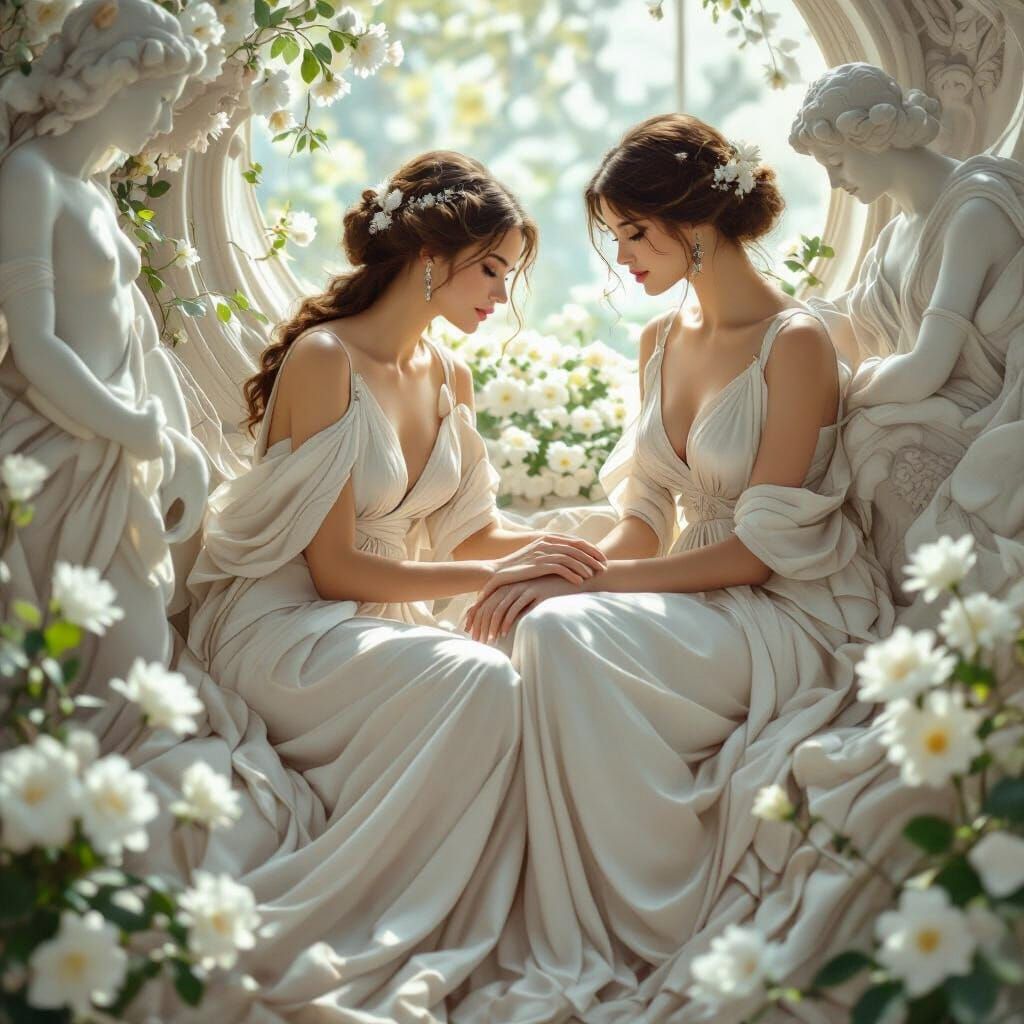 Elegant Women in Silk Dresses, Art Nouveau Style