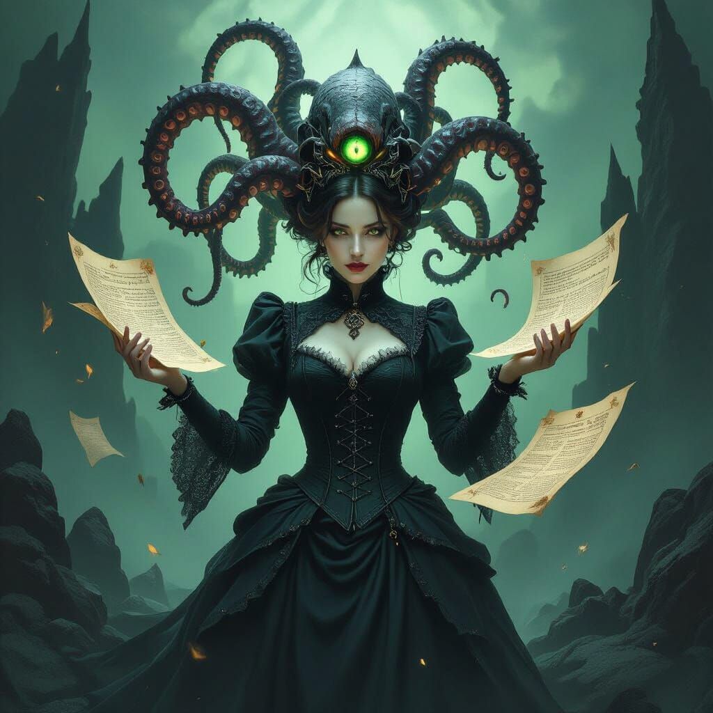 Macabre Crown: Victorian Woman Surrounded by Cthulhu
