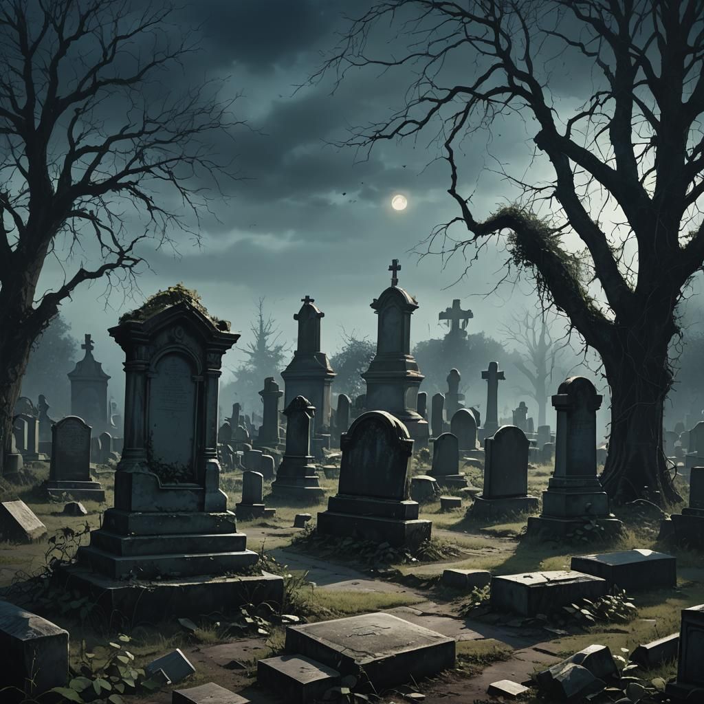 Cemetery with Overgrown Vegetation in Digital Painting Style