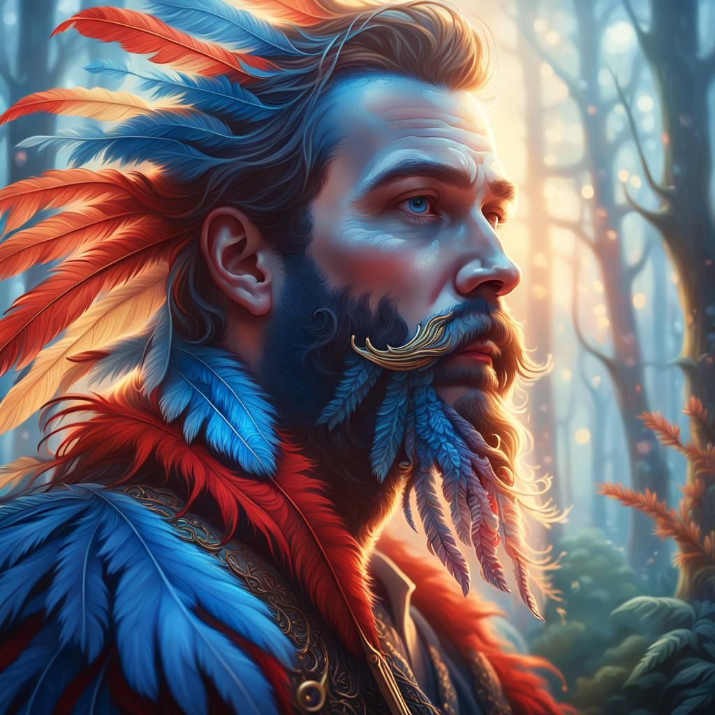 Feathered Beard in Misty Forest: Fantasy Illustration