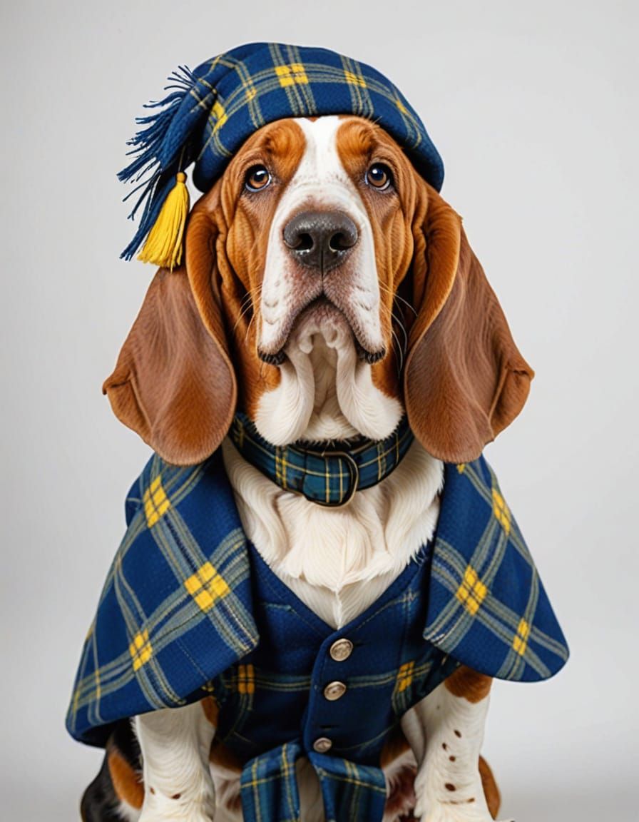 Proud Basset Hound as Highland Scotsman in Tartan