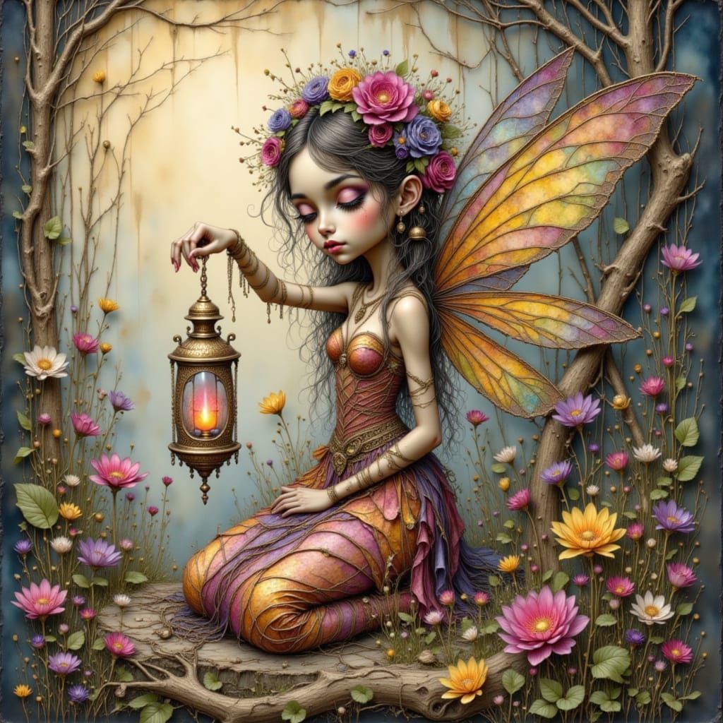 Wired Fairy Holding Ruby Lantern, String Art Style