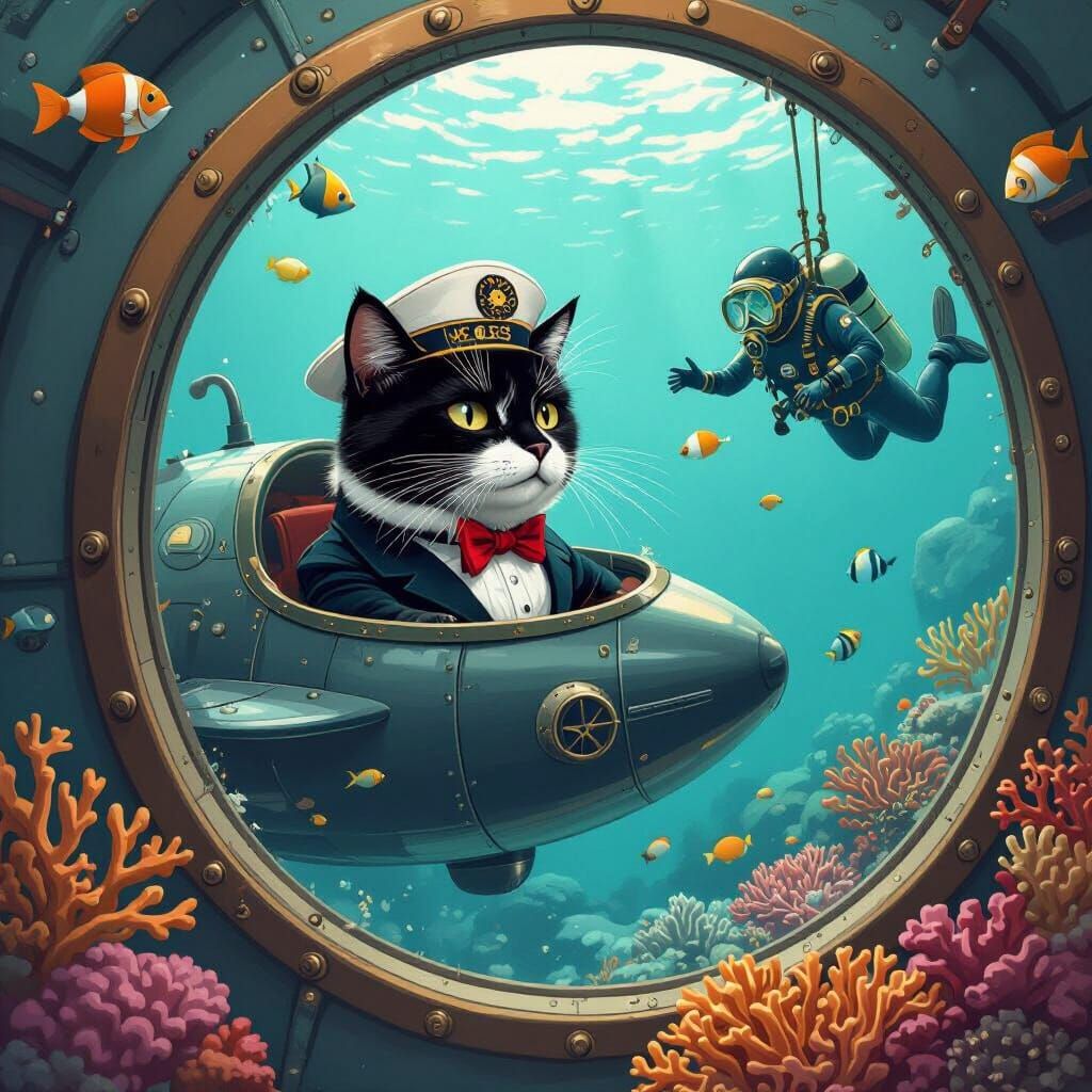 Tuxedo Cat Submarine Pilot in Whimsical Style