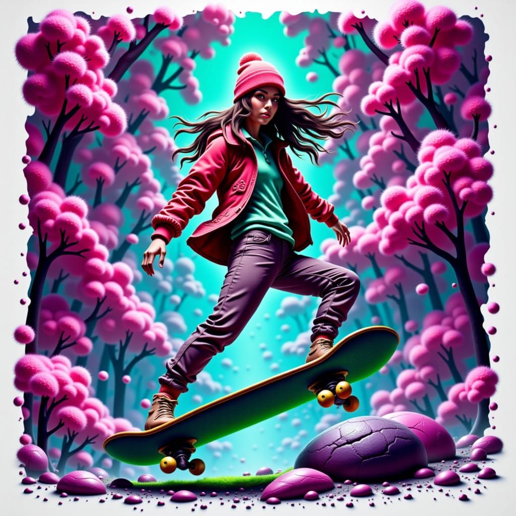 Female Skater in Neon Mid-Air, Retro Style