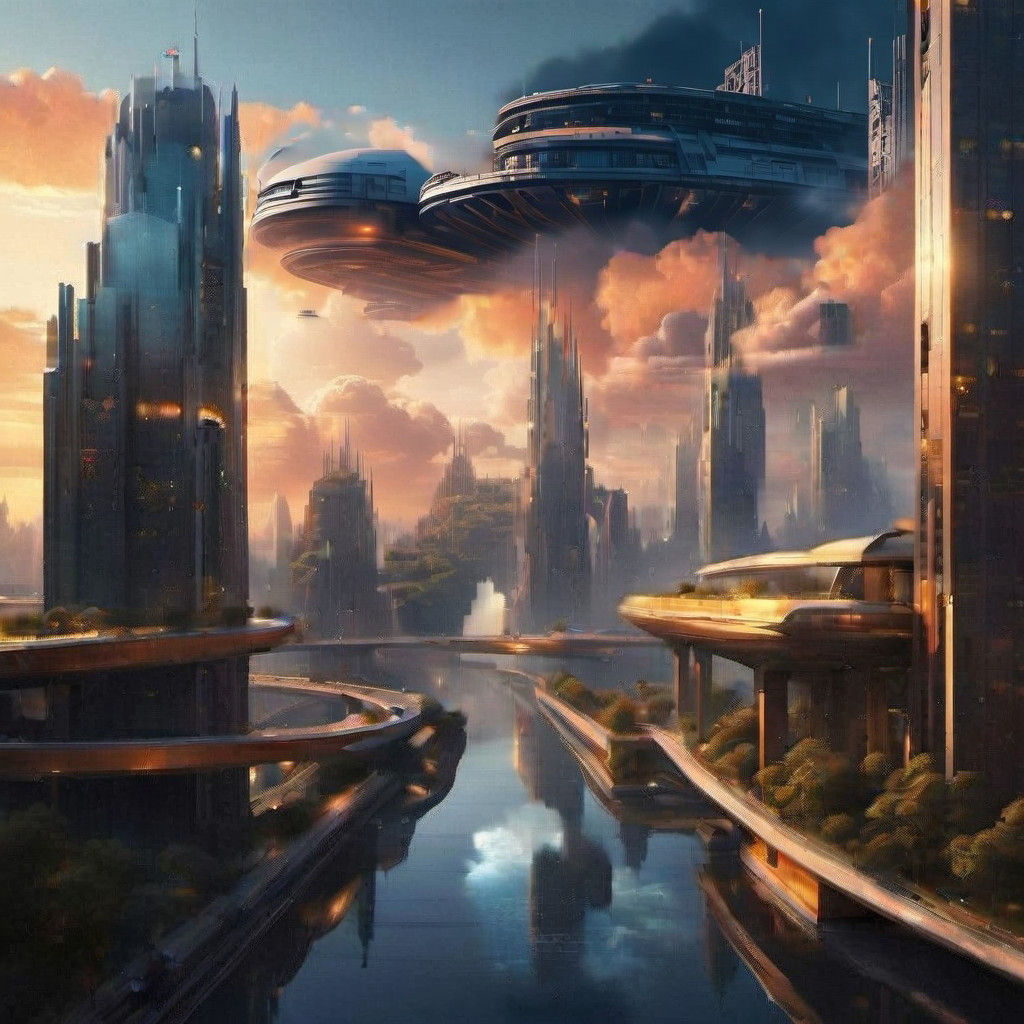 a sky city, from the future with clouds, sky pathways and mo...