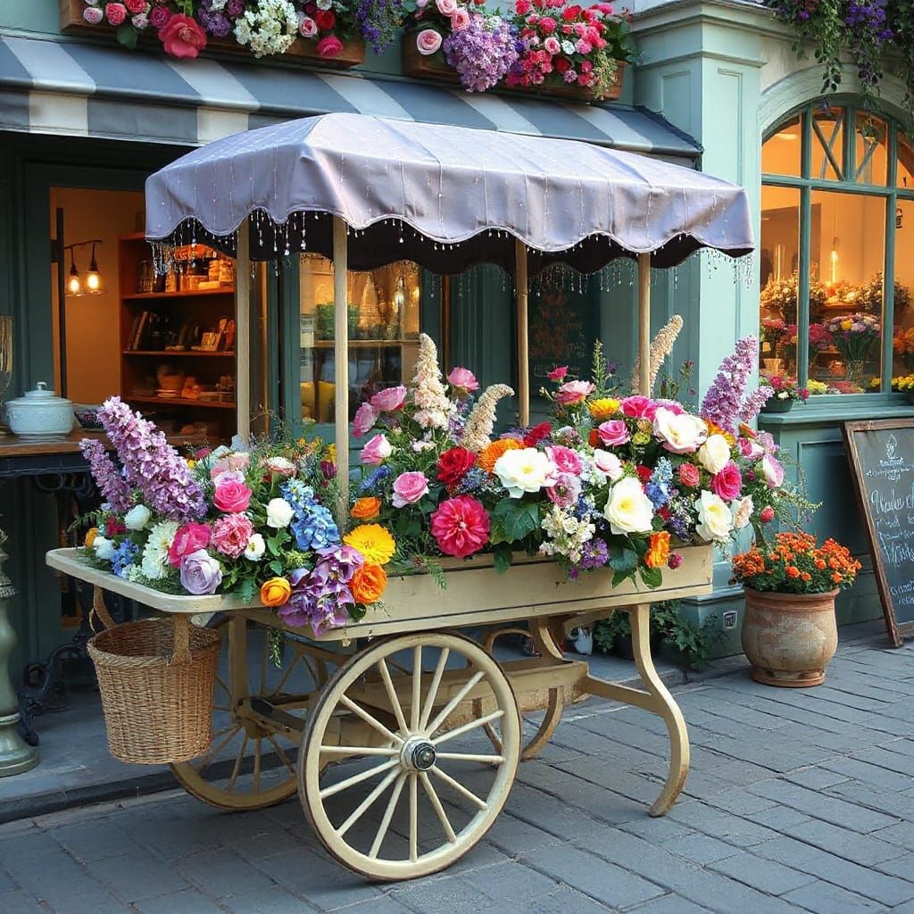 Vintage French Flower Cart in Impressionist Style
