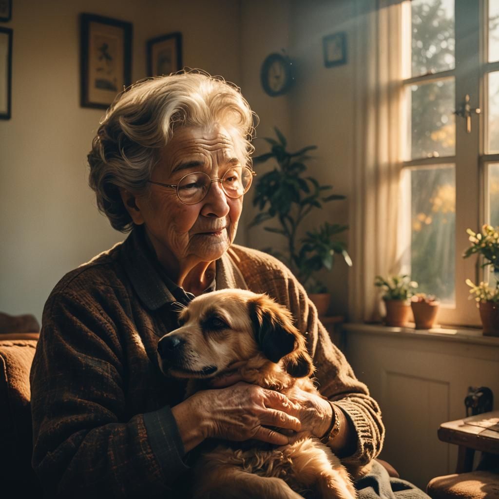 Grandma and Dog Embrace in Golden Light