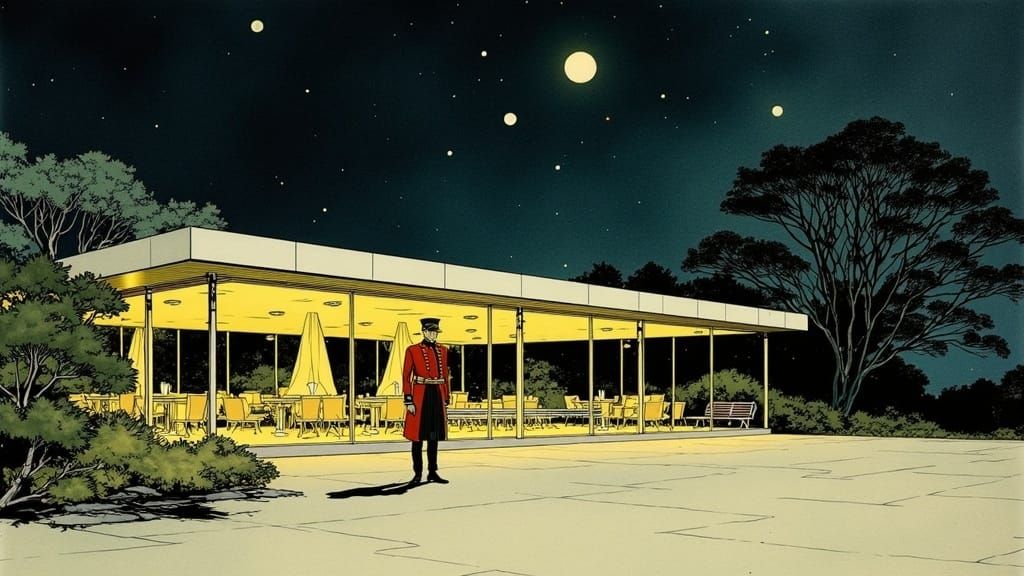 Futuristic Art Deco Restaurant Under a Starry Sky