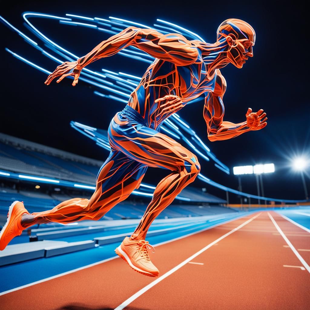 Креативная композиция, бегун бежит на высокой скорости, инерция движения бегуна в воздухе превращается в неправильную 3d...