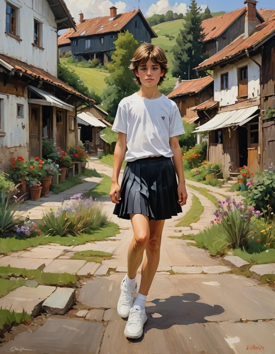 Boy in Skirt in Scandinavian Village, Oil Painting Style
