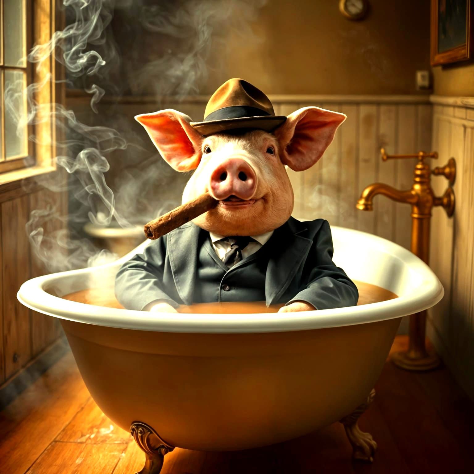 Pig in Bathtub Smoking Cigar, Old Painting Style