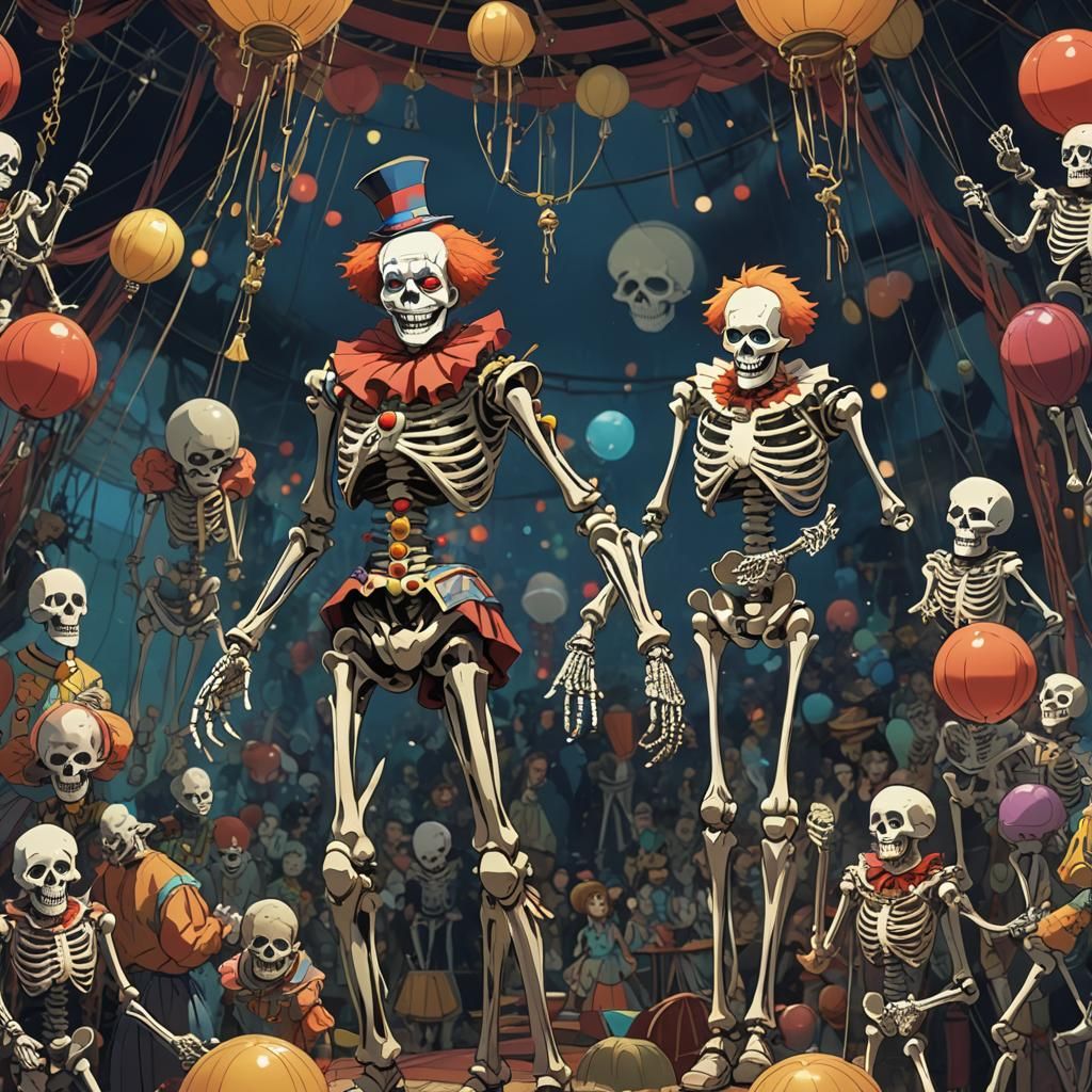 Clown Skeleton in Run-Down Circus: Ghibli Anime Style