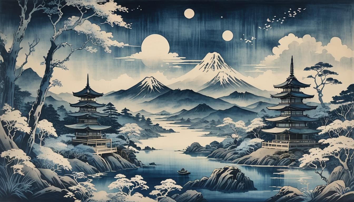 Ethereal Cyanotype Landscapes in Hokusai Style