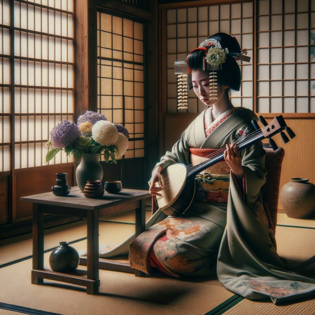 Geisha Playing Shamisen in Traditional Japanese House