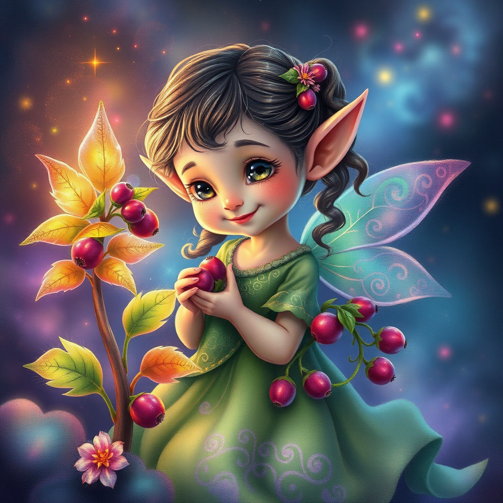 Elf Picking Berries from Rainbow Plant, Visionary Art