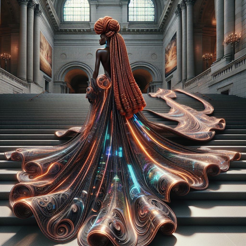 Afrofuturistic Woman with Orange Braids on Museum Steps