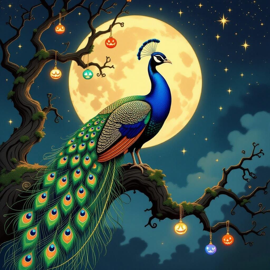 Majestic Peacock in Ethereal Halloween Art Nouveau Style