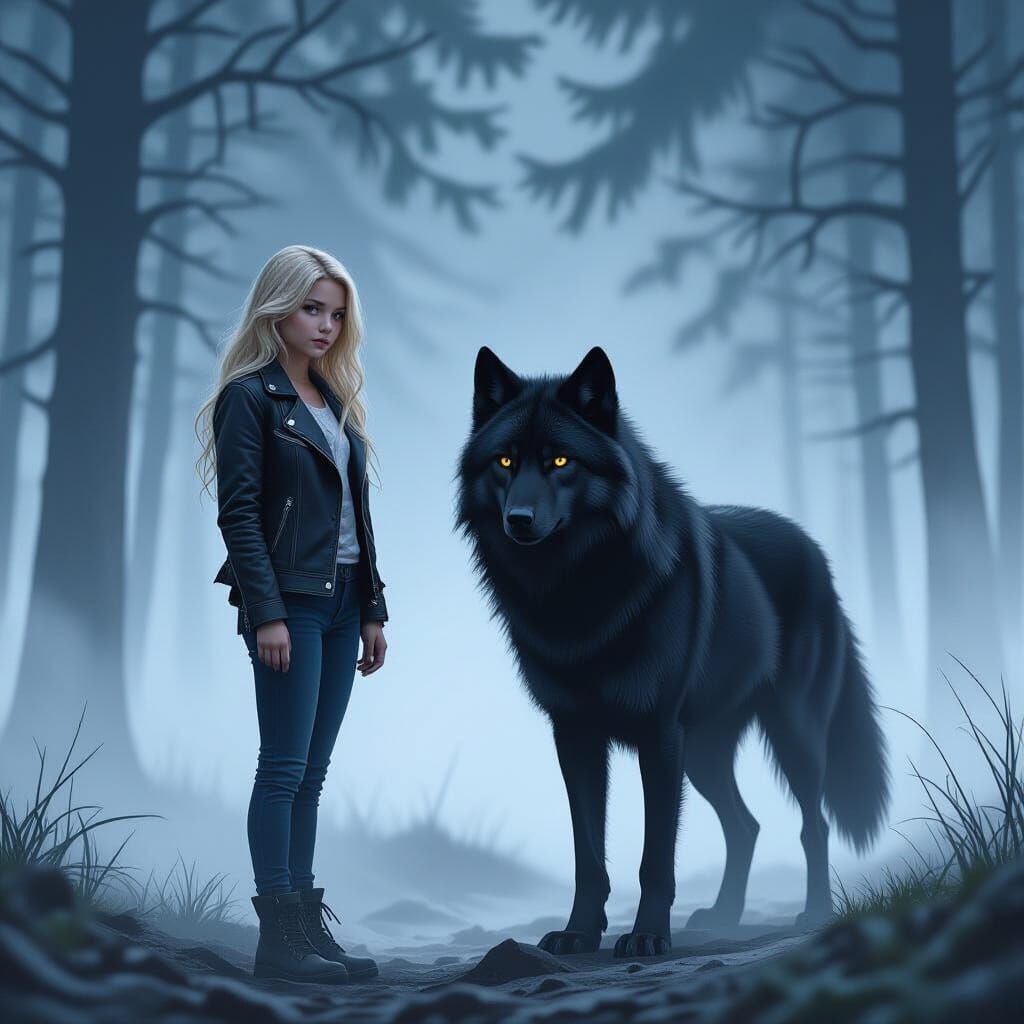Teenage Girl and Black Wolf in Foggy Forest