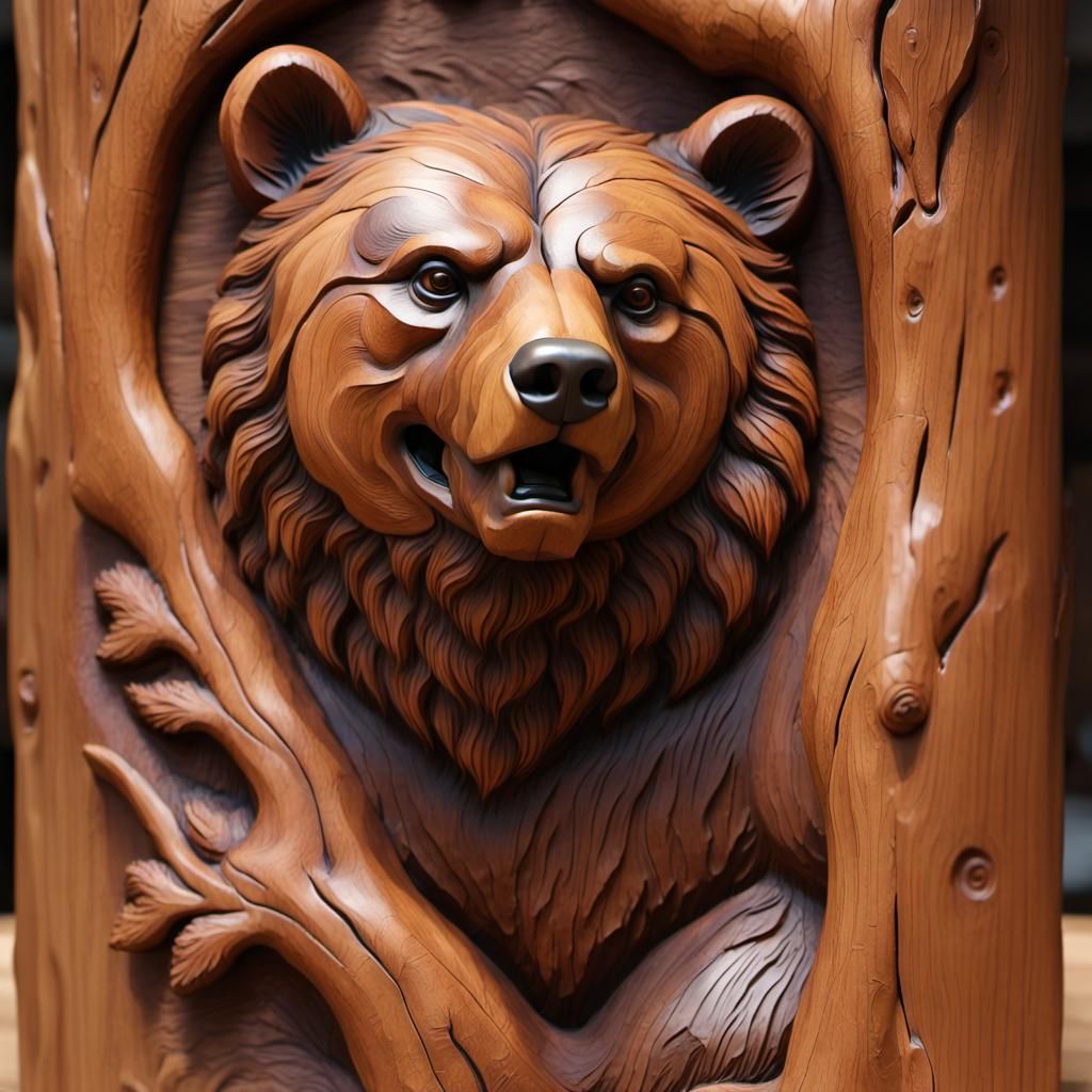 Majestic Bear Wood Carving in Naturalistic Style