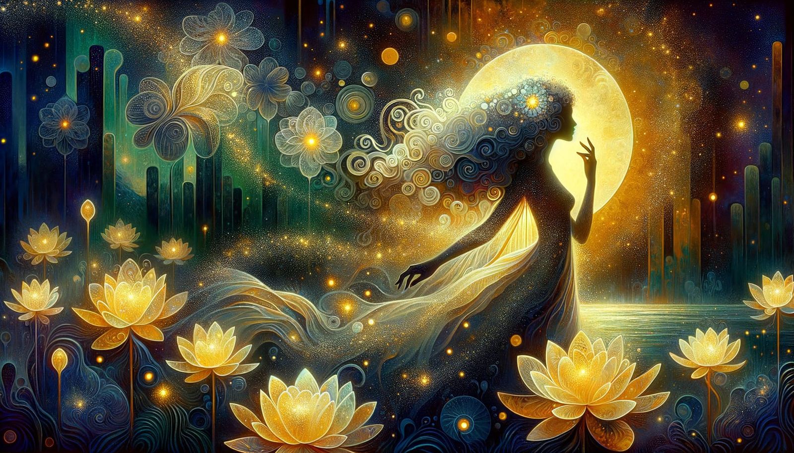 Bioluminescent Lotus Field with Elegant Silhouette