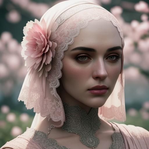 Girl Covered in Light Pink Flowers, Hyperrealistic Image