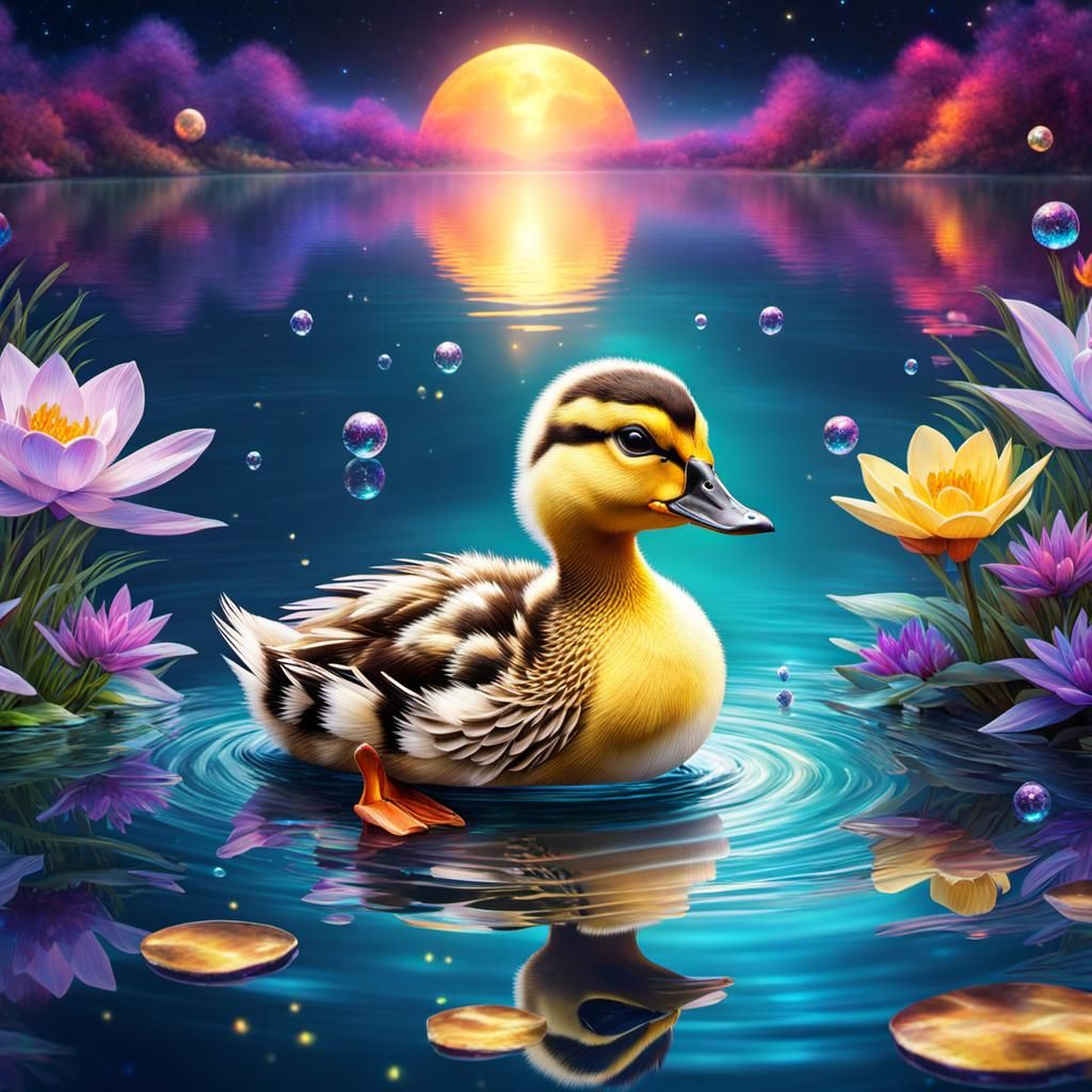 Cute Duckling on Sparkling Lake, Astral Illustration