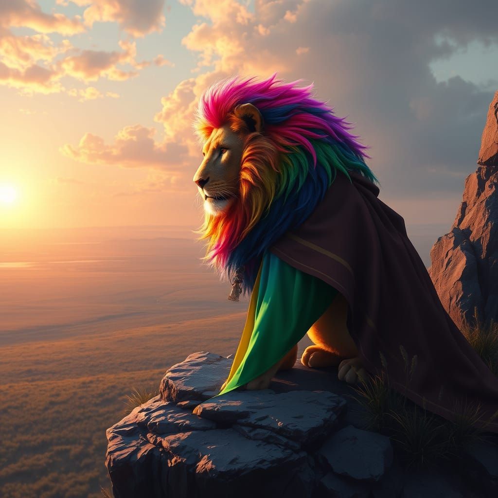 Rainbow Maned Lion King Overlooking Golden Plains