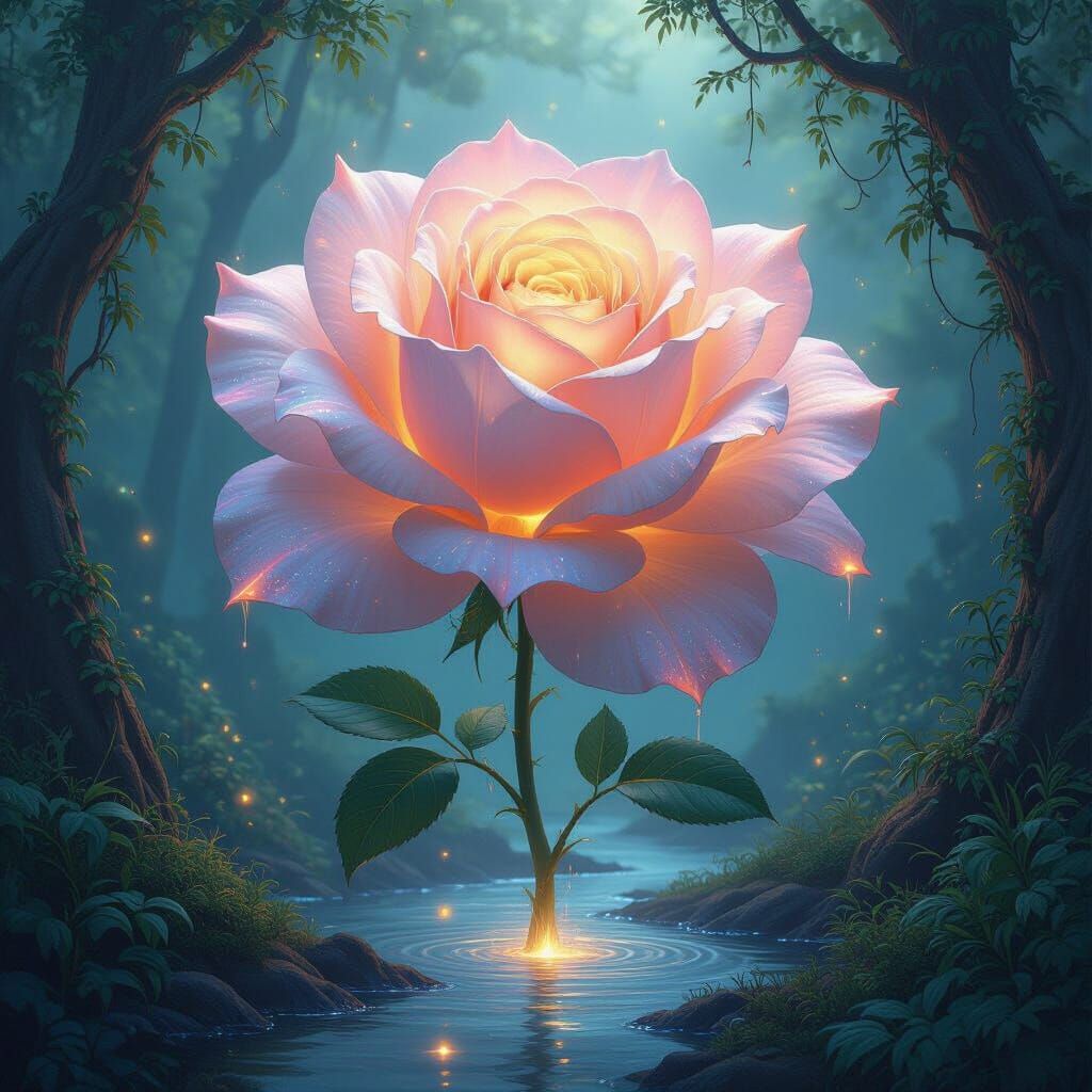 Ethereal Rose in Primordial Forest, Magic Realism