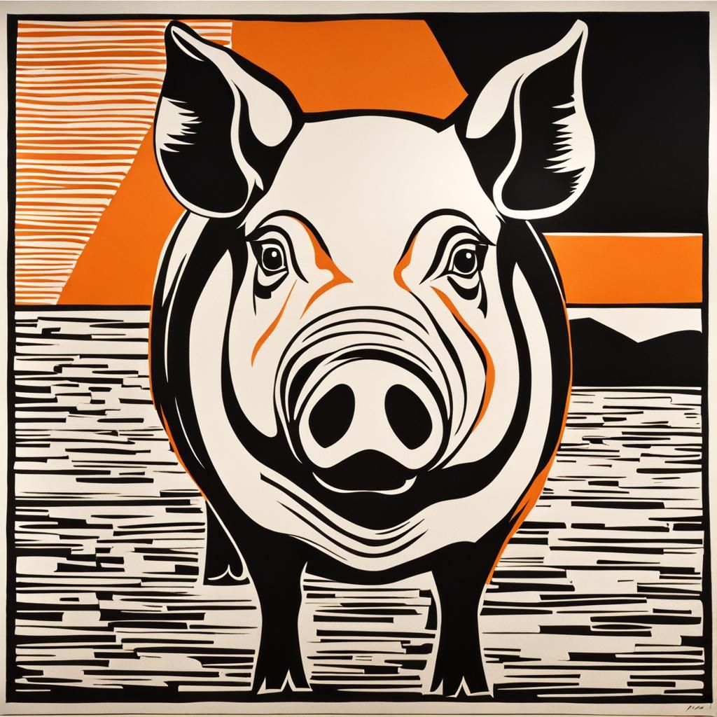 Minimalist Pig Block Print in Op Art Style