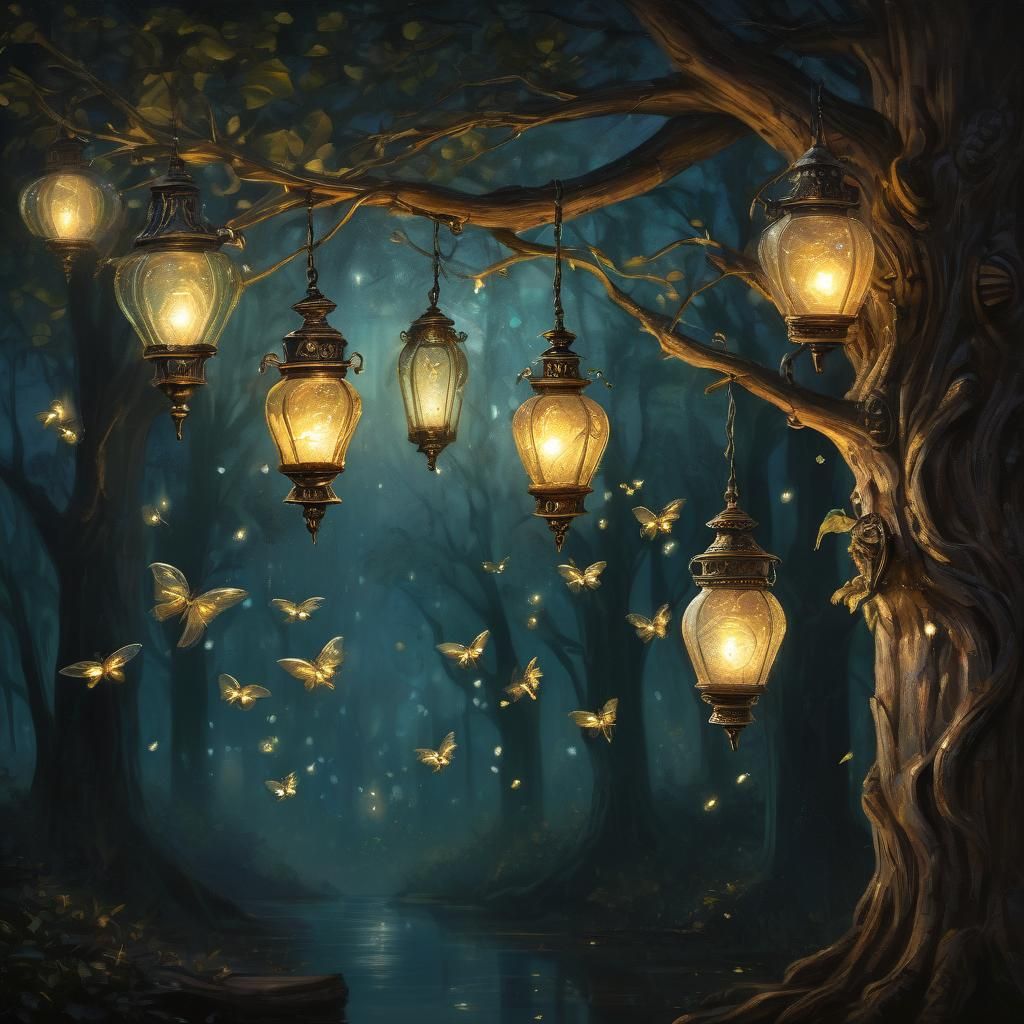Firefly Lamps in Mystical Forest: Dreamlike Oil Painting