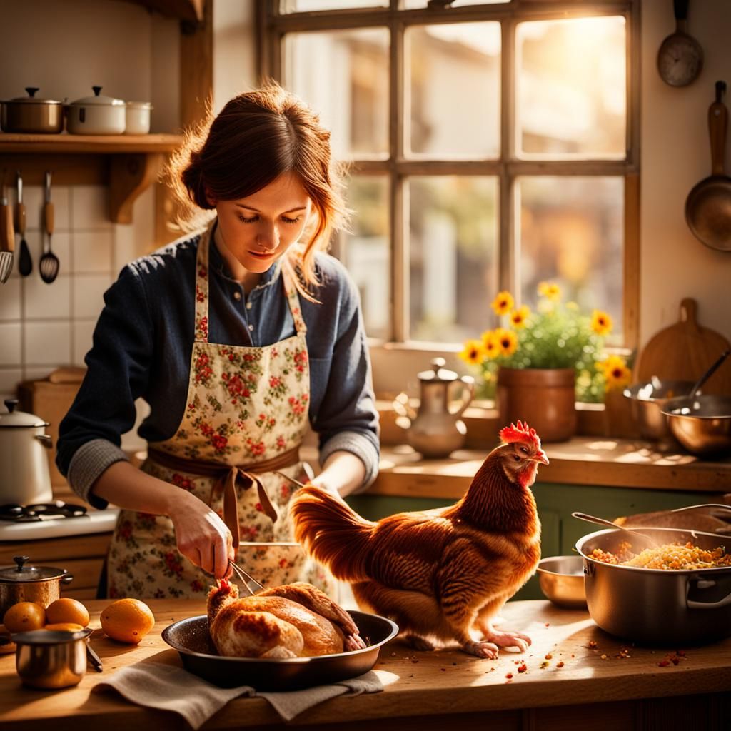 Cozy Kitchen Still Life with Roasting Chicken