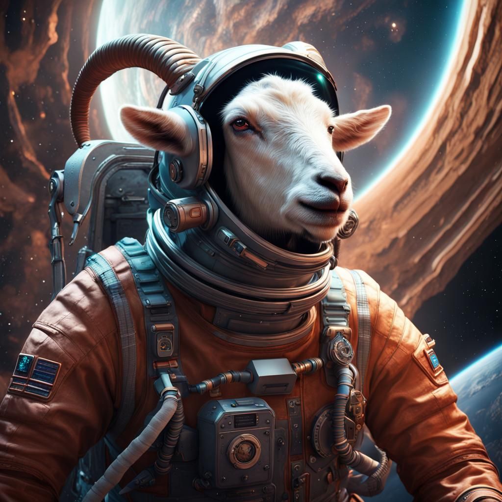 Goat Astronaut Soars Through Space: Detailed Matte Painting